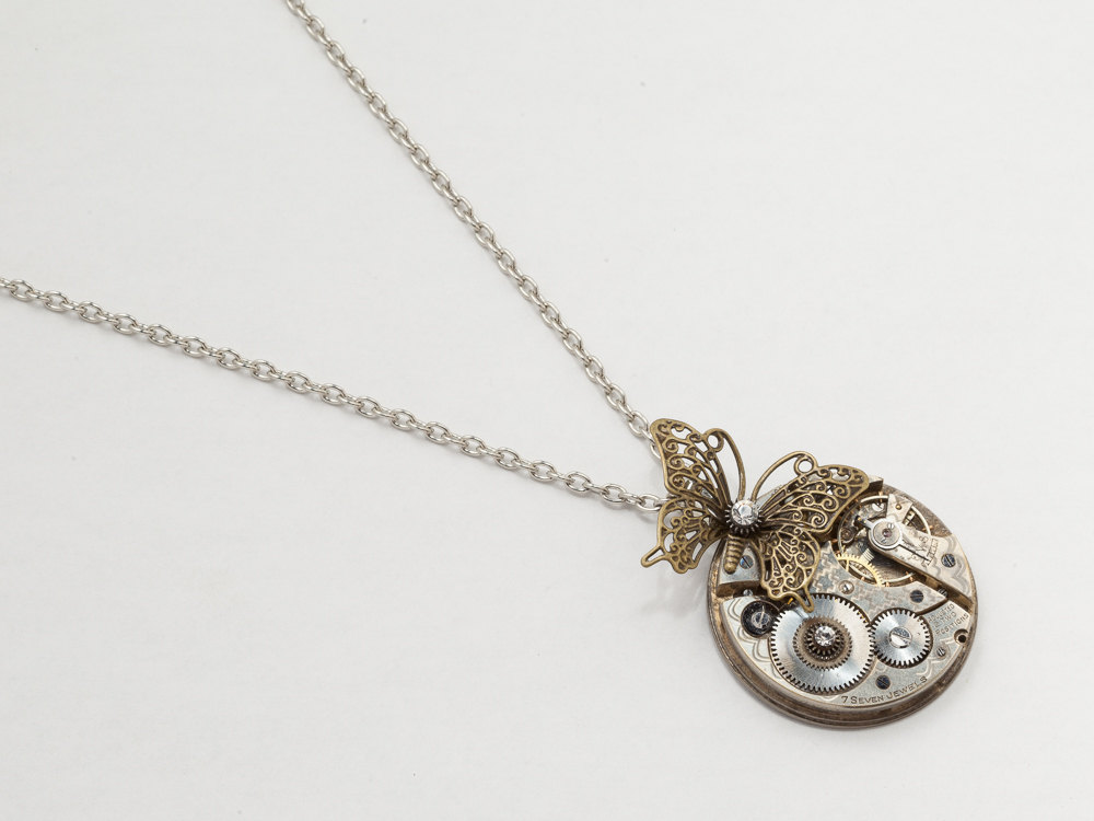 Steampunk Necklace silver pocket watch movement gears gold filigree butterfly with Swarovski crystal pendant Statement Neckalce