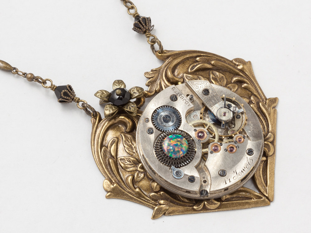 Steampunk Necklace silver pocket watch movement gears with black crystal Opal heart pendant gold filigree Statement necklace