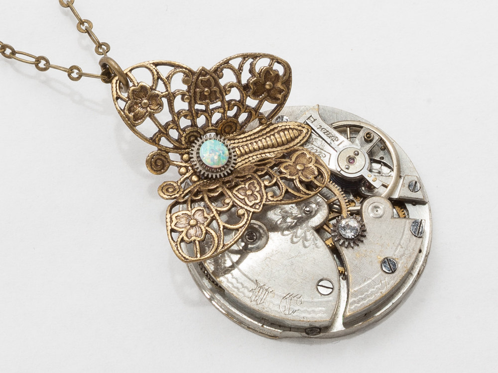 Steampunk Necklace silver pocket watch movement gears with Opal crystal gold filigree butterfly pendant Steampunk jewelry
