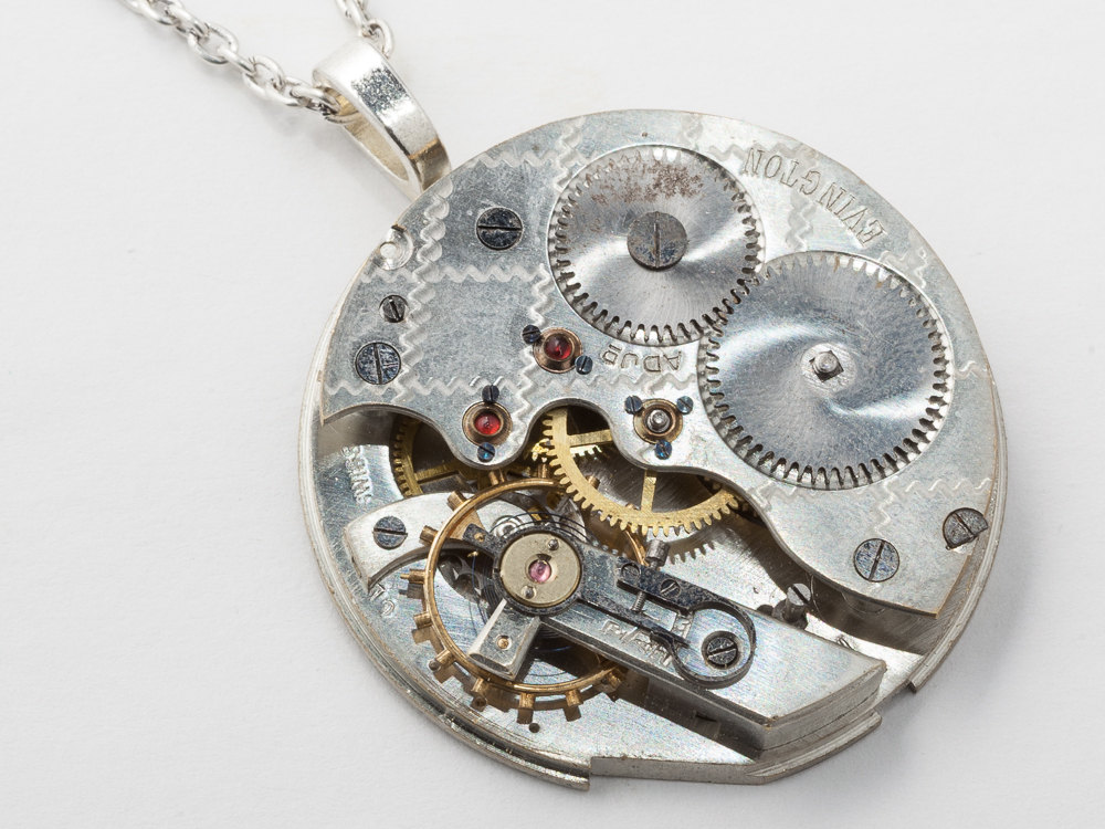 Steampunk Necklace silver pocket watch movement gold brass gears ruby jewels unisex mens womens pendant Steampunk jewelry