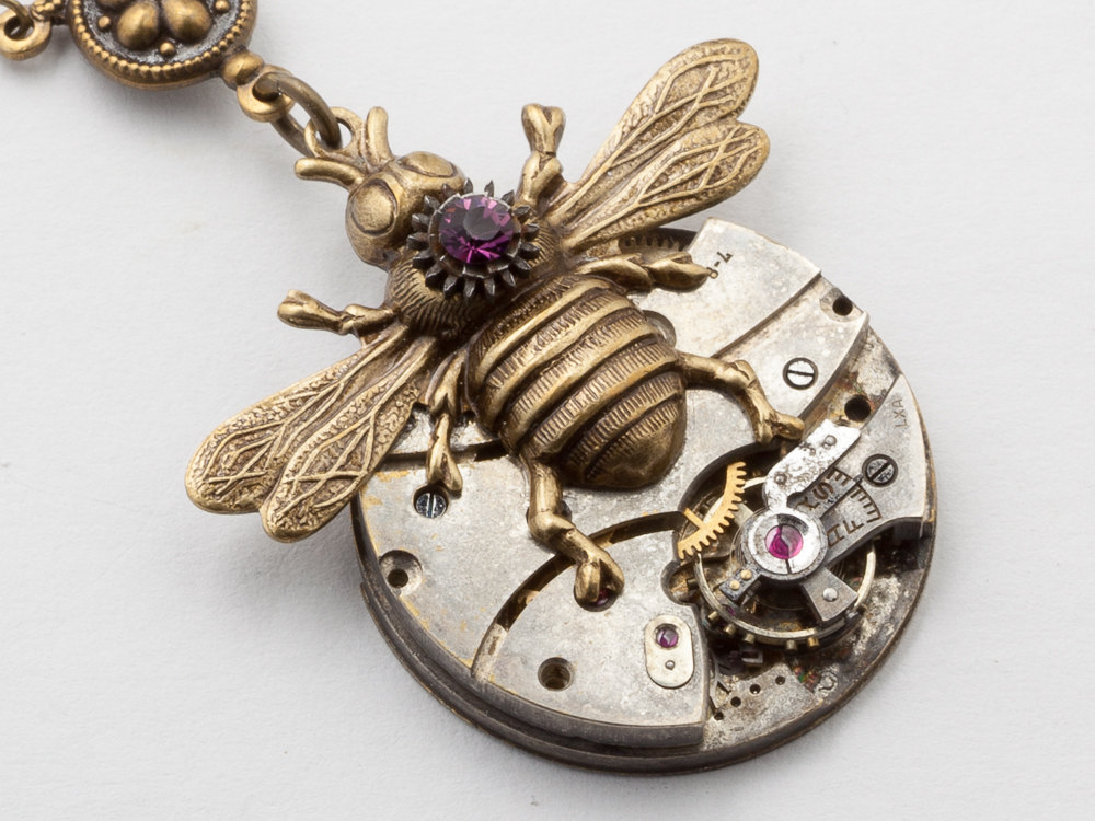 Steampunk Necklace silver pocket watch movement gold bumble bee purple black crystal pendant Steampunk jewelry