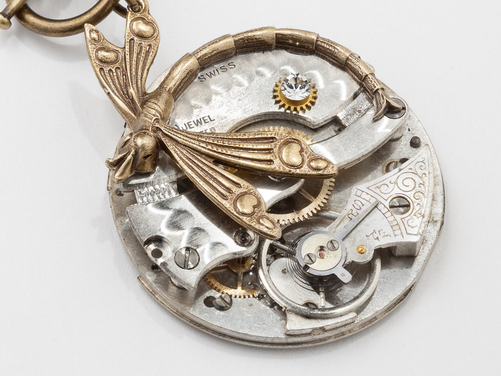 Steampunk Necklace silver pocket watch movement gold dragonfly crystal Victorian pendant Steampunk jewelry