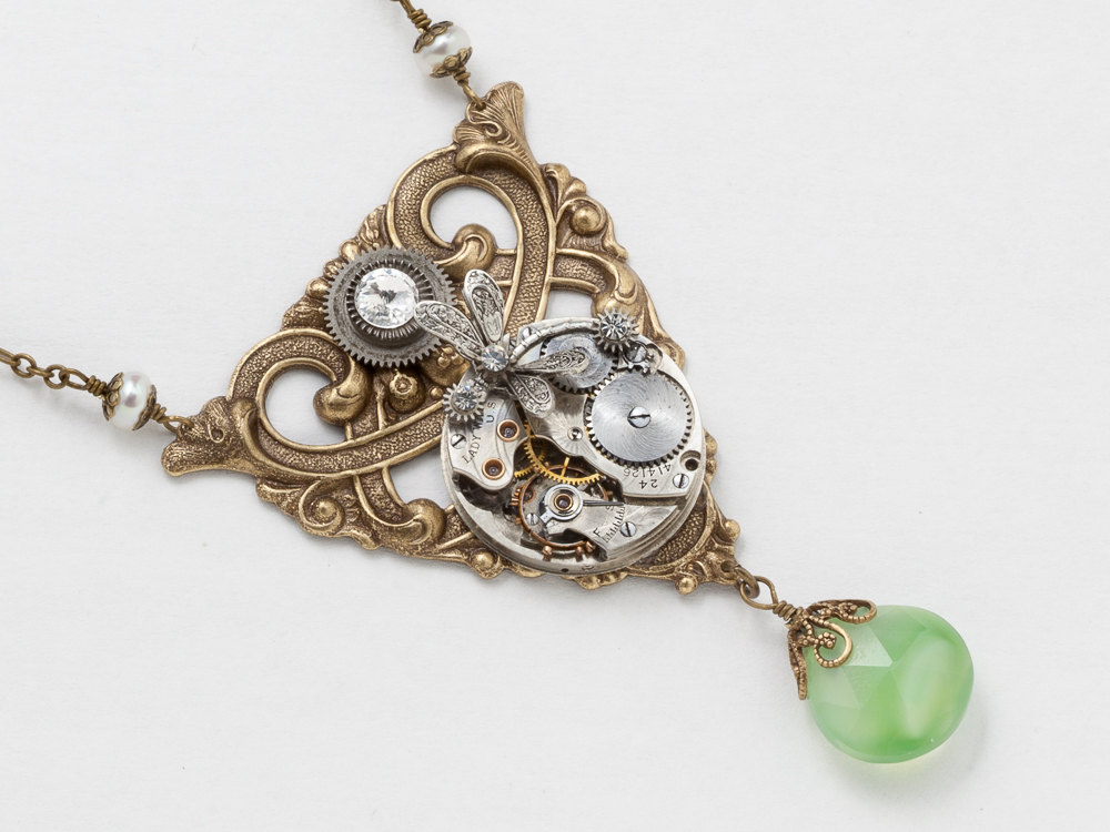 Steampunk Necklace silver pocket watch movement with pearl crystal green Chalcedony silver dragonfly Victorian gold