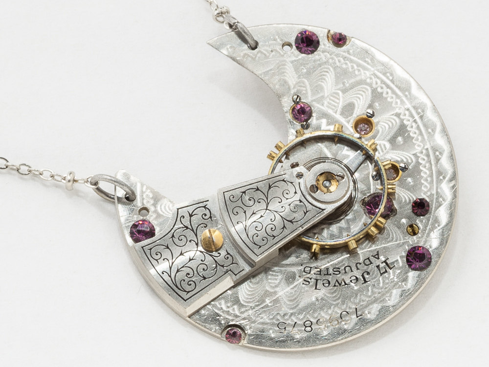 Steampunk Necklace silver pocket watch plate gold gears Victorian pendant Amethyst crystal Statement necklace jewelry