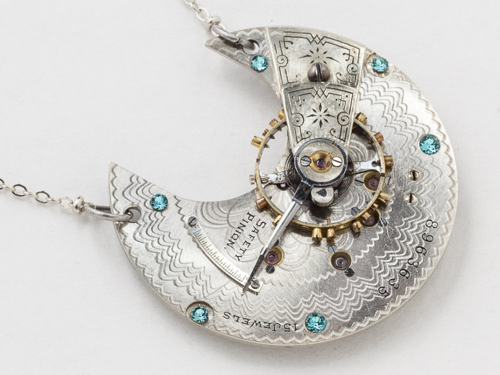 Steampunk Necklace silver pocket watch plate gold gears Victorian pendant Blue Topaz crystal Statement necklace jewelry