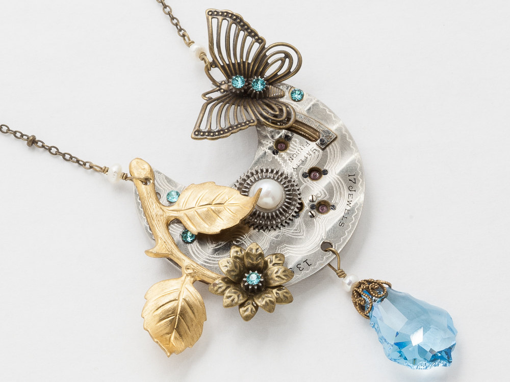 Steampunk Necklace silver pocket watch plate with gears pearls blue crystal gold flower pendant Butterfly Statement necklace