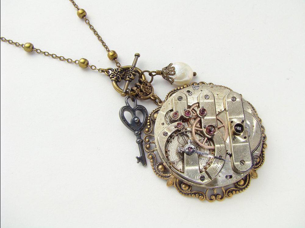 Steampunk Necklace silver pocket watch rose gold gears brass filigree Victorian skeleton key pearl