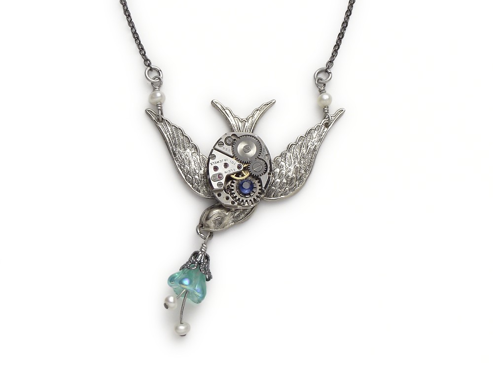 Steampunk necklace silver swallow watch movement antique 1940 genuine blue sapphire and pearls bird flying filigree capped glass flower drop pendant