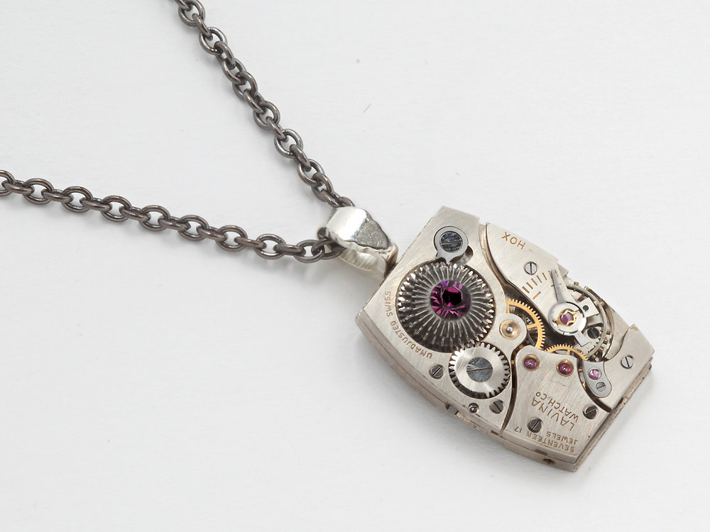 Steampunk Necklace silver tank style rectangle watch movement purple amethyst crystal pendant unisex jewelry