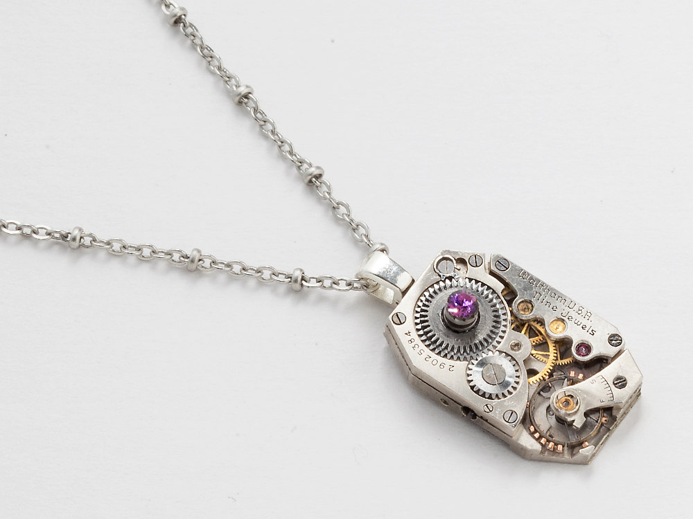 Steampunk Necklace silver tank style Waltham watch movement purple amethyst crystal pendant unisex jewelry
