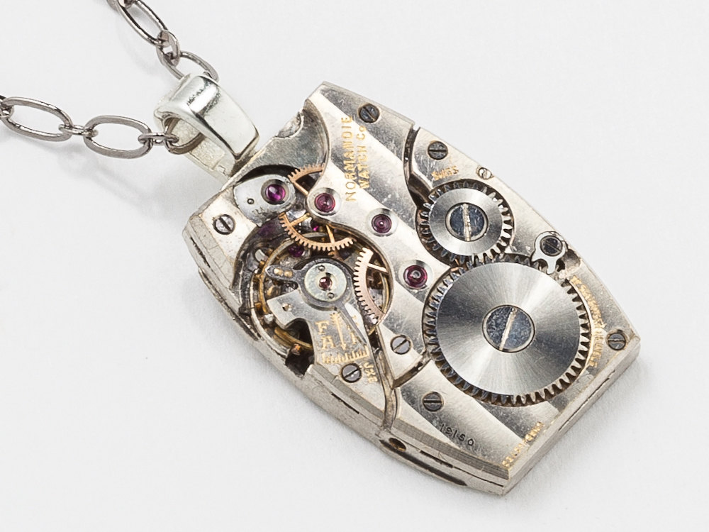 Steampunk Necklace silver tank style watch movement gears womens pendant unisex mens Steampunk jewelry