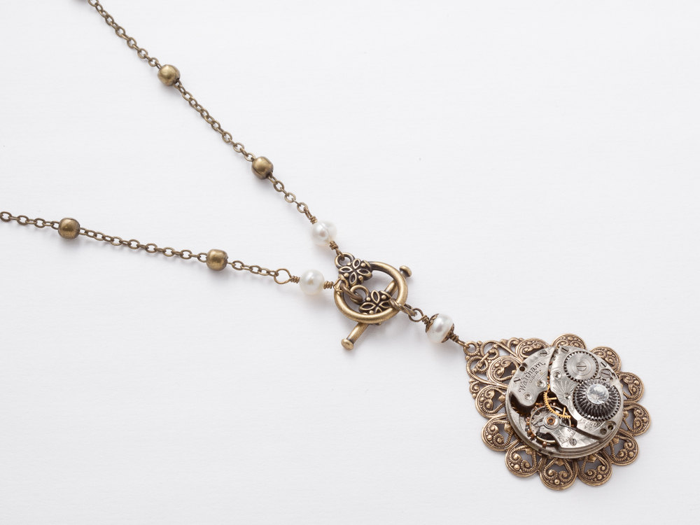 Steampunk necklace silver Victorian watch movement gears gold filigree flower pearl Swarovski crystal jewelry