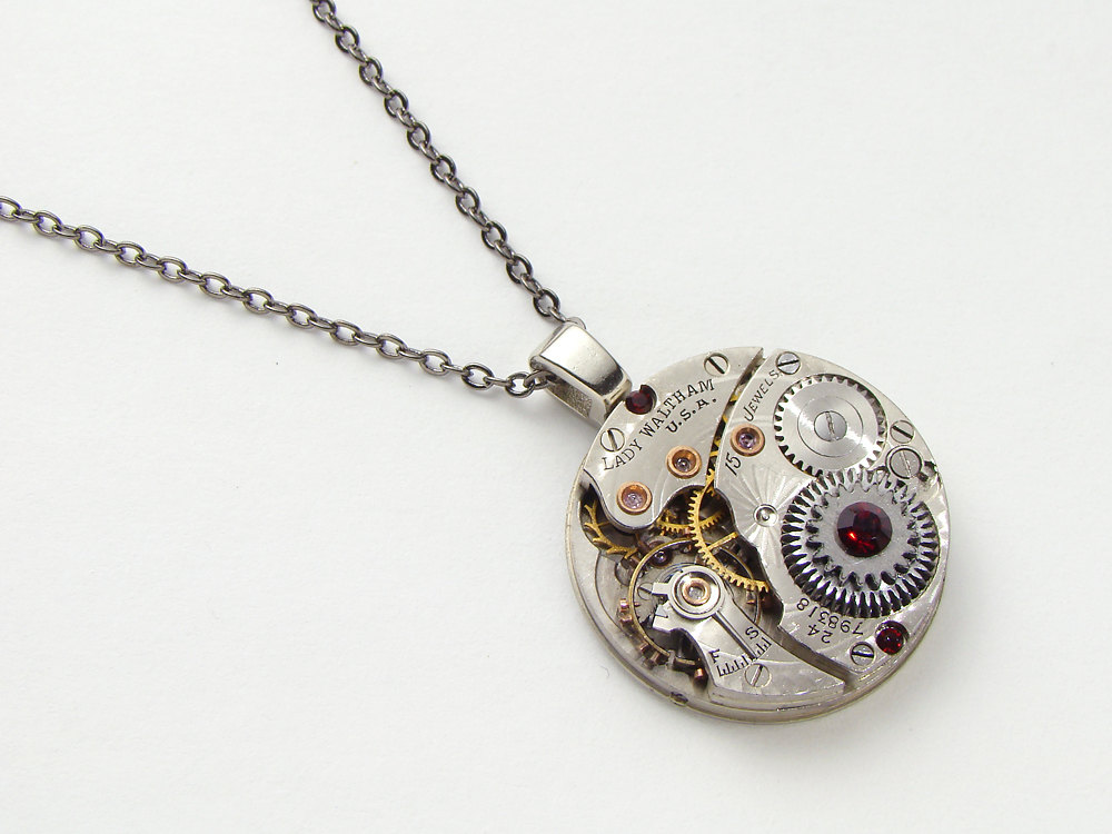 Steampunk Necklace silver Waltham pocket watch gears garnet red crystal pendant Steampunk jewelry