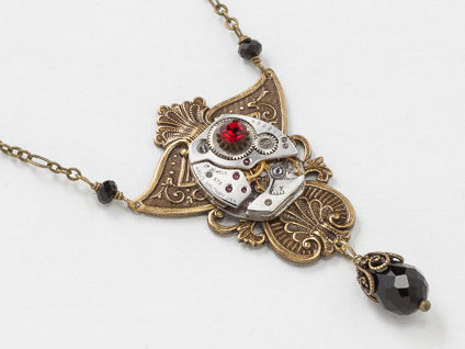 Steampunk Necklace Silver Waltham Watch with Gears Black Crystal Beads Ruby Red Stone on Gold Filigree Statement Jewelry