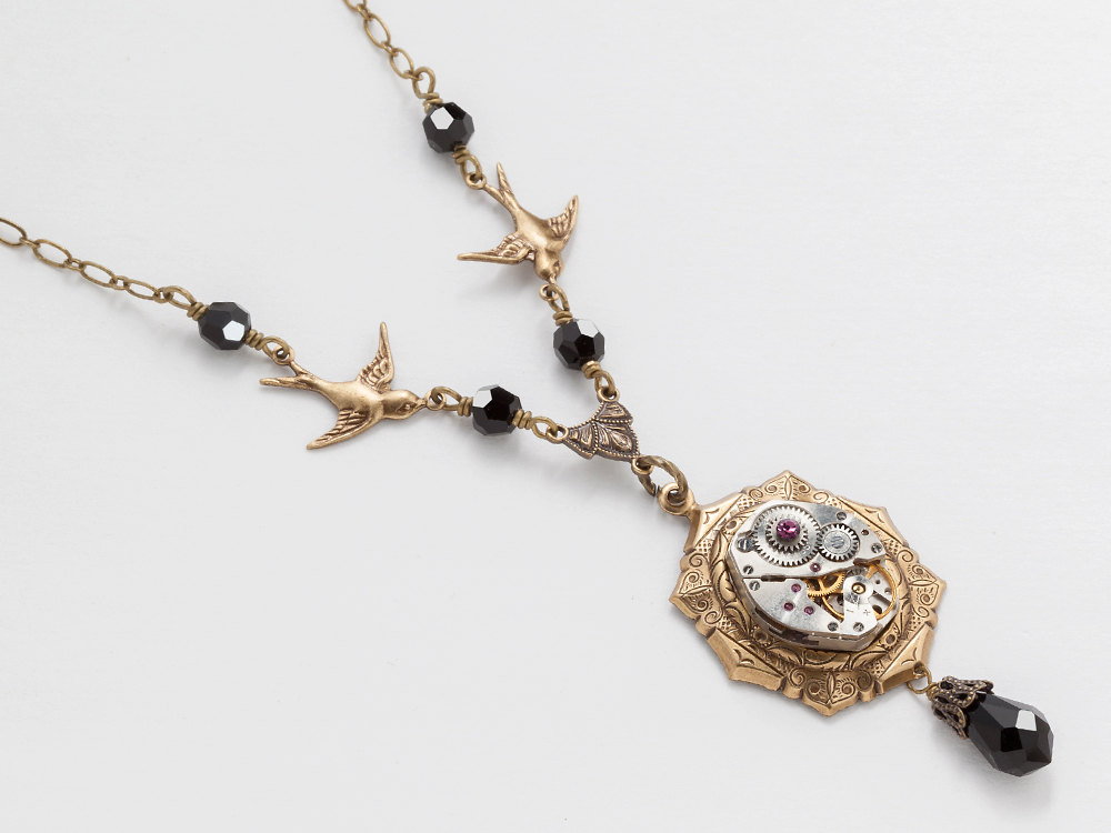 Steampunk Necklace silver watch movement black crystal gold filigree birds Statement Necklace jewelry