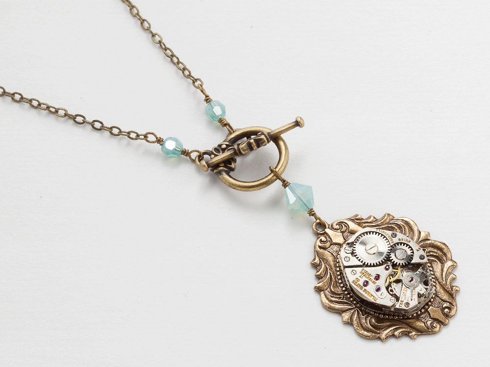 Steampunk Necklace silver watch movement blue opal crystal gold brass leaf pendant jewelry