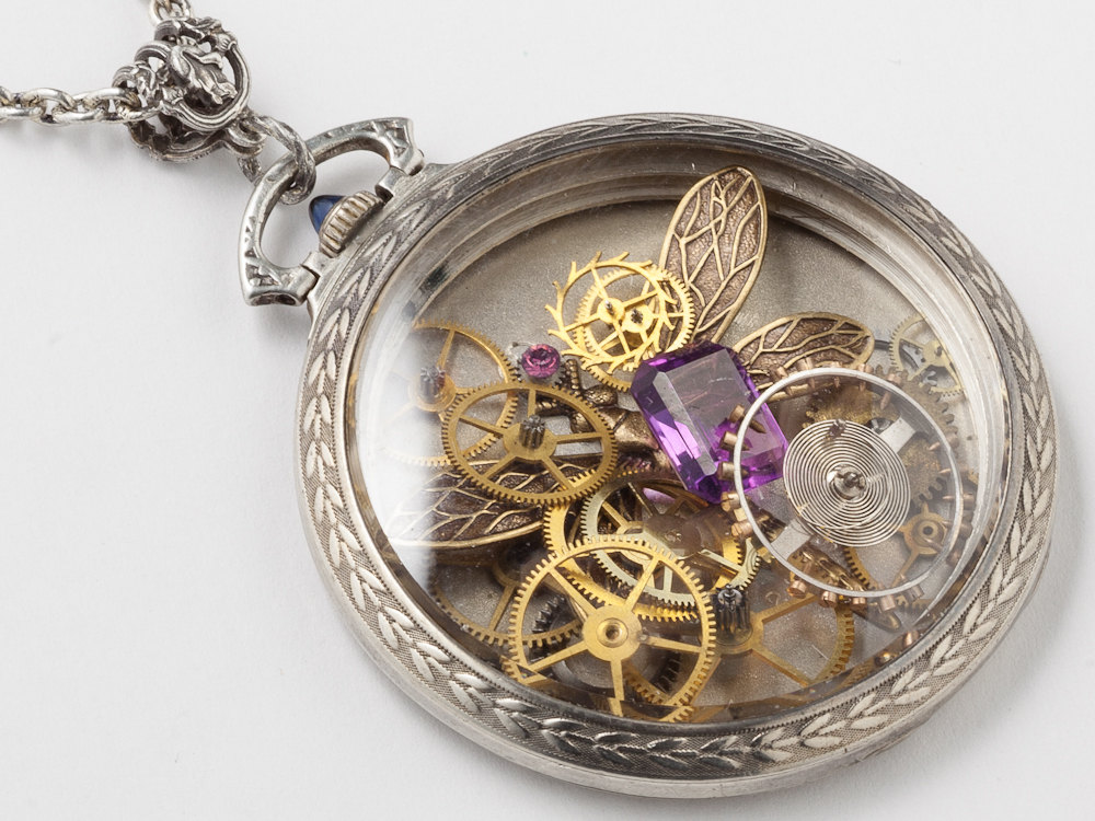 Steampunk Necklace silver watch movement case 14k gold filled gears dragonfly purple Amethyst clockwork locket