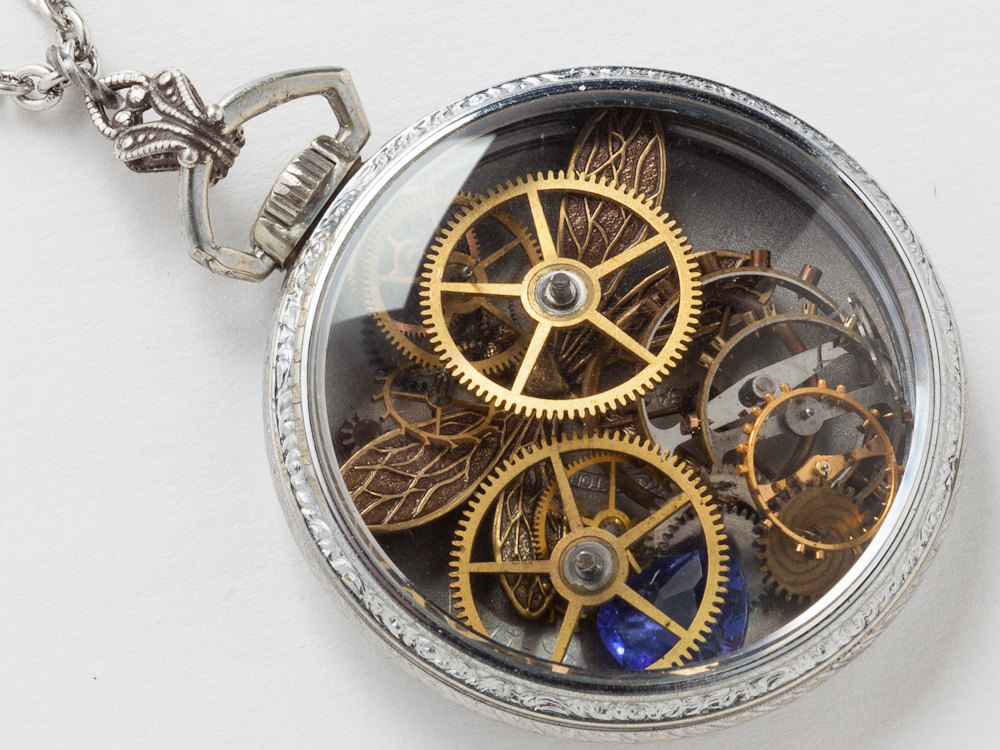 Steampunk Necklace silver watch movement case gears gold dragonfly genuine blue tanzanite clock work locket