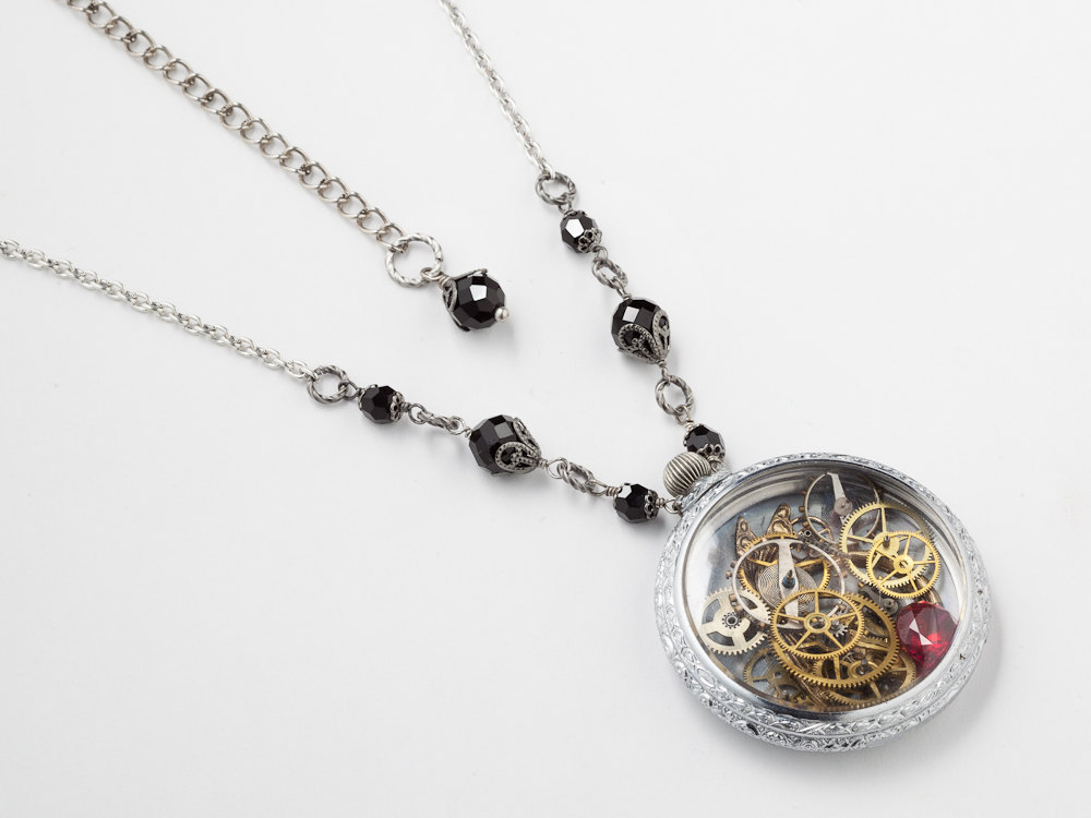 Steampunk Necklace silver watch movement case gears gold dragonfly red gemstone black crystal clockwork locket