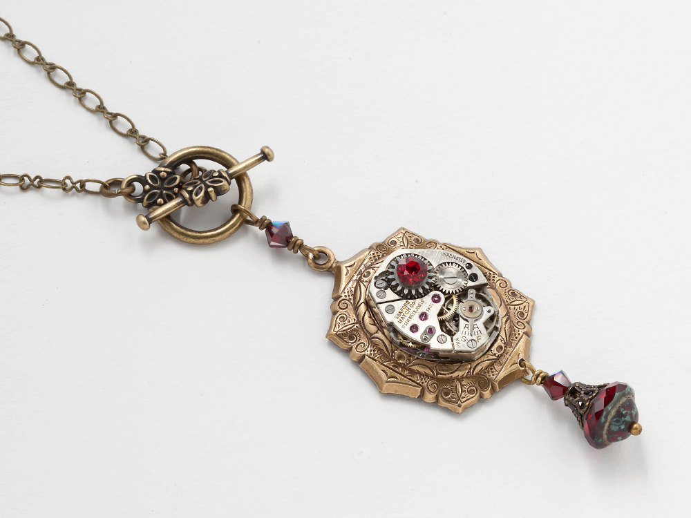 Steampunk Necklace silver watch movement gear red garnet crystal brass bezel pendant jewelry