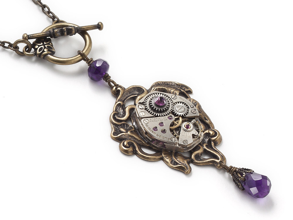 Steampunk Necklace silver watch movement gears antique Amethyst purple Swarovski crystal gold flower Art Nouveau