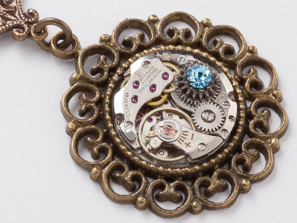Steampunk Necklace silver watch movement gears blue aquamarine crystal pearls gold filigree pendant jewelry