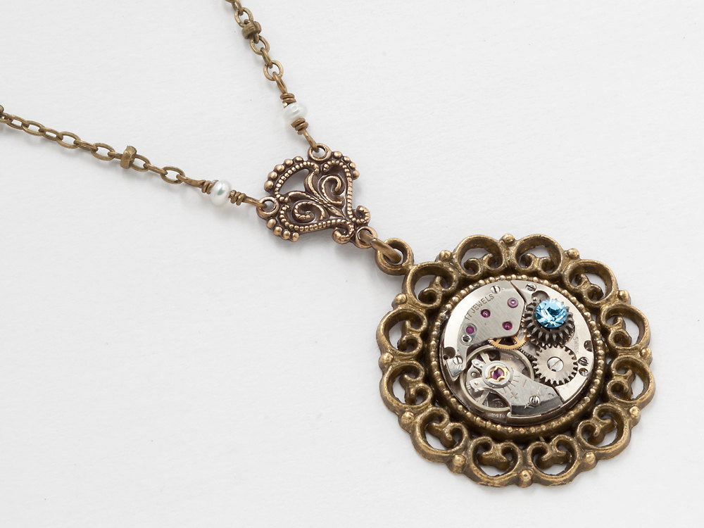 Steampunk Necklace silver watch movement gears blue aquamarine crystal pearls gold filigree pendant jewelry