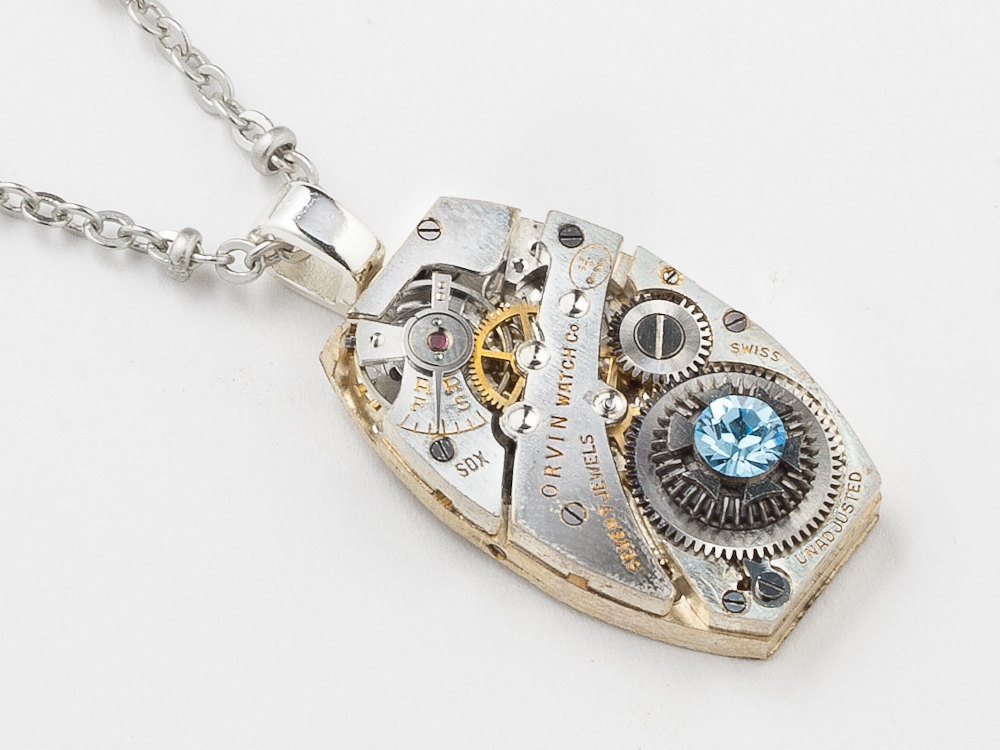 Steampunk Necklace silver watch movement gears blue crystal unisex pendant Industrial Steampunk jewelry