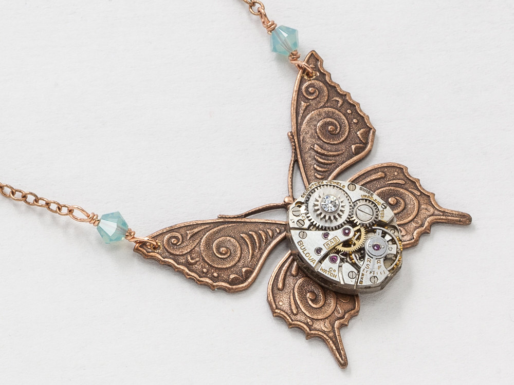 Steampunk Necklace silver watch movement gears blue opal crystal copper butterfly pendant with rose gold chain jewelry