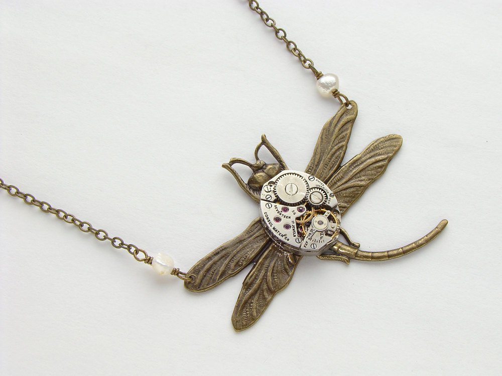 Steampunk Necklace silver watch movement gears gold brass Art Nouveau dragonfly genuine pearls