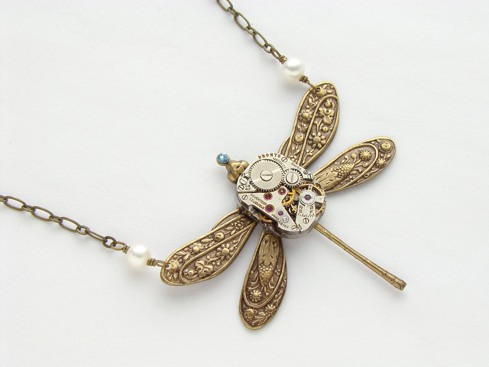 Steampunk Necklace silver watch movement gears gold brass dragonfly pearl blue crystal pendant jewelry