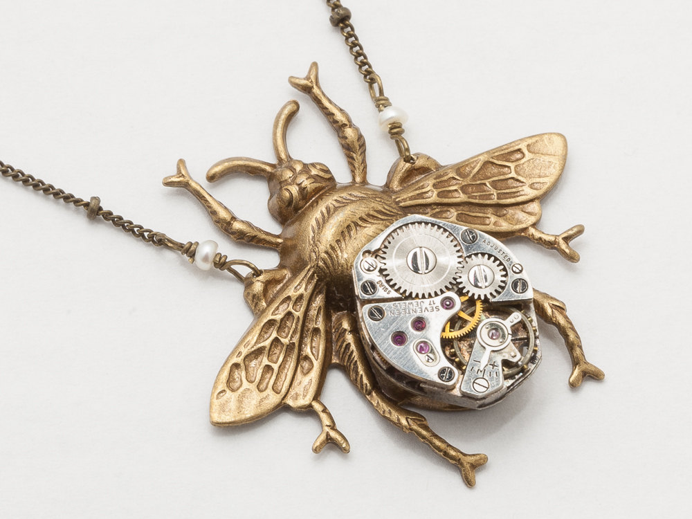 Steampunk Necklace silver watch movement gears gold bumble bee pearl Steampunk Jewelry Victorian pendant Statement Necklace
