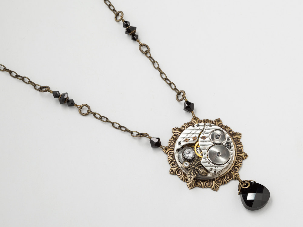 Steampunk Necklace silver watch movement gears gold filigree Bee crystal Steampunk jewelry