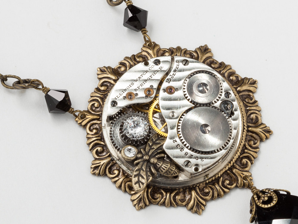 Steampunk Necklace silver watch movement gears gold filigree Bee crystal Steampunk jewelry