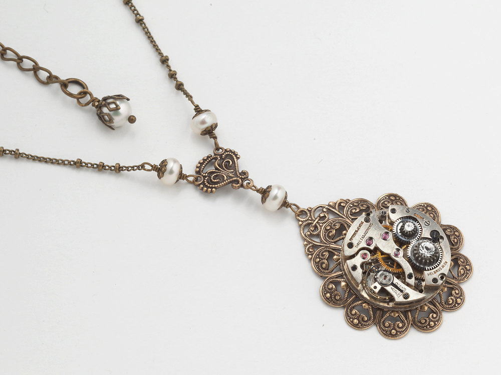 Steampunk necklace silver watch movement gears gold filigree flower pearl Swarovski crystal pendant jewelry