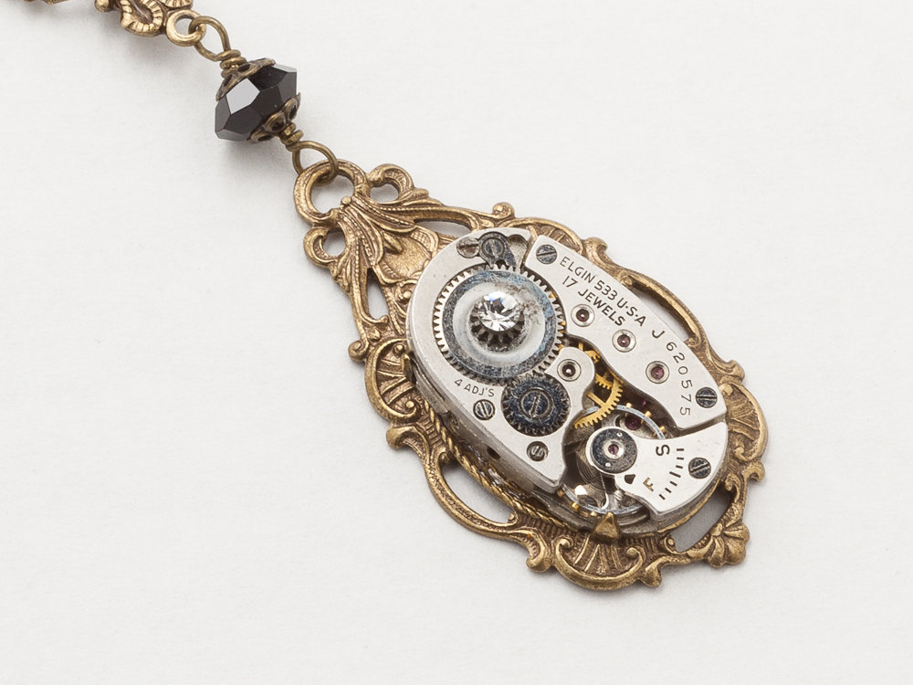 Steampunk Necklace silver watch movement gears gold filigree leaf black crystal Victorian Statement Necklace Steampunk jewelry