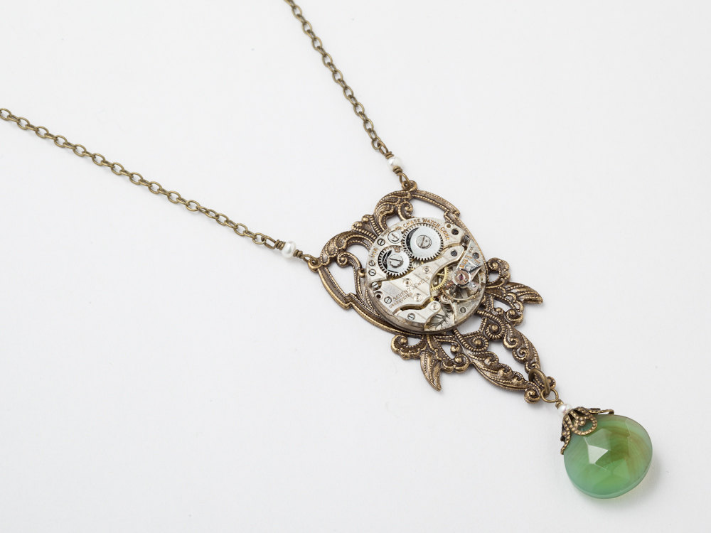 Steampunk necklace silver watch movement gears green Chalcedony pearl gold filigree Victorian leaf
