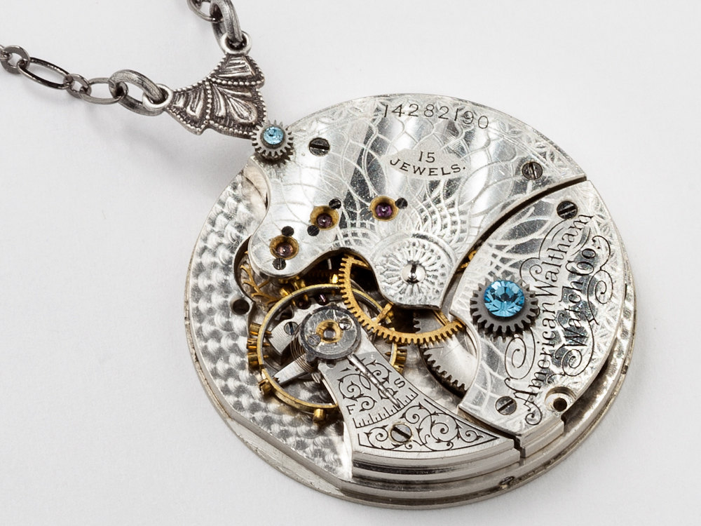 Steampunk Necklace silver watch movement gears leaf blue crystal pendant Steampunk jewelry