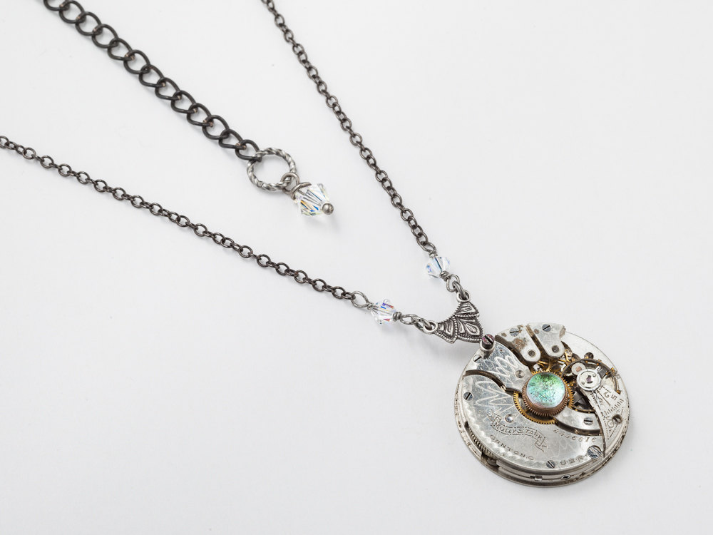 Steampunk Necklace silver watch movement gears leaf opal crystal pendant Steampunk jewelry