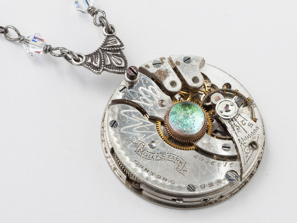 Steampunk Necklace silver watch movement gears leaf opal crystal pendant Steampunk jewelry