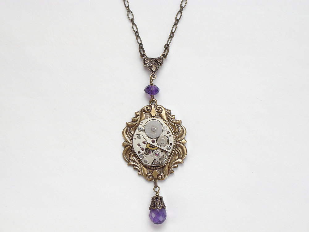 Steampunk Necklace silver watch movement gears purple Amethyst gold filigree pendant Steampunk Jewelry Statement