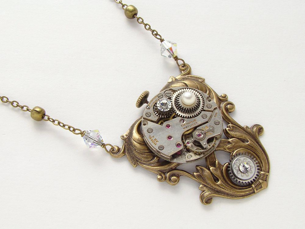 Steampunk Necklace silver watch movement gears Swarovski crystal pearl leaf flower filigree
