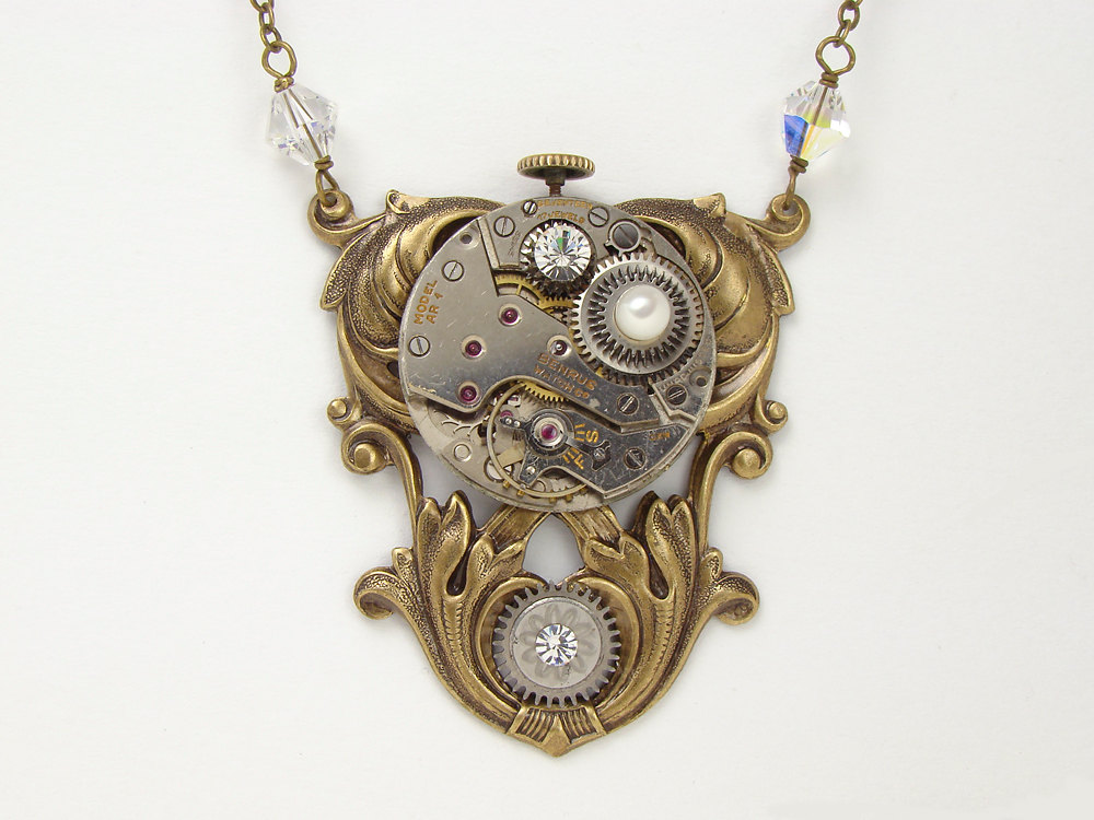 Steampunk Necklace silver watch movement gears Swarovski crystal pearl leaf flower filigree