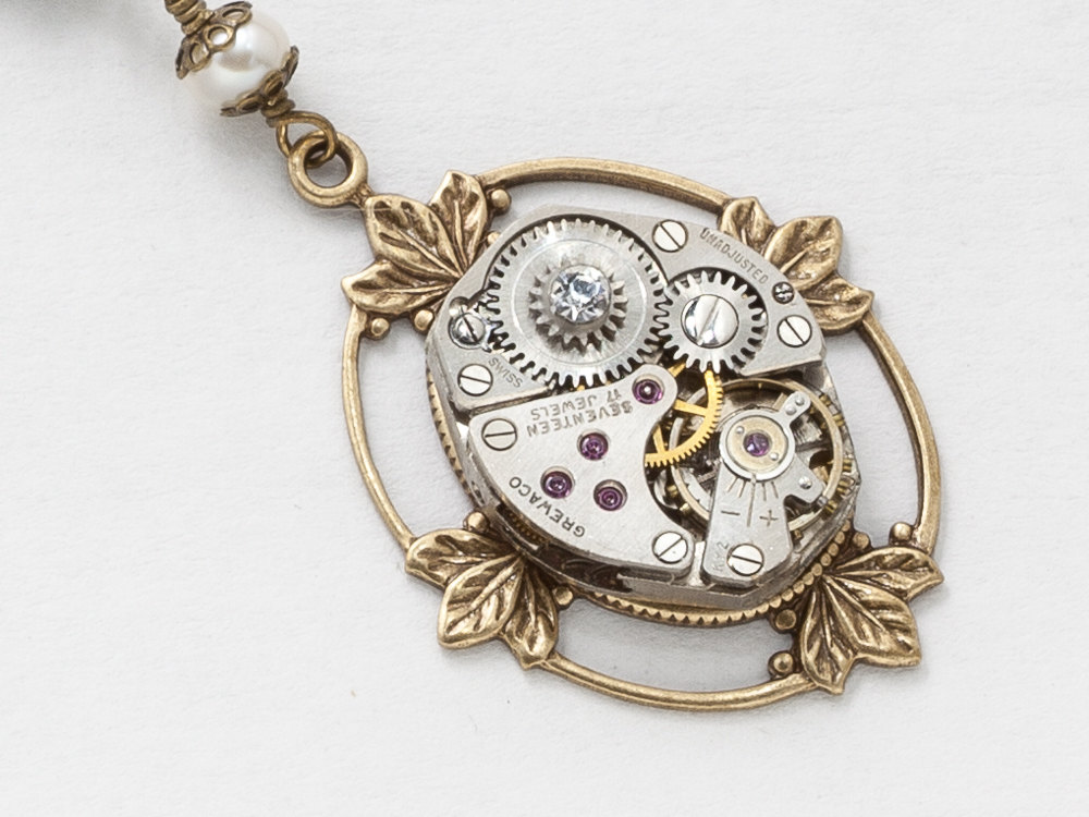 Steampunk Necklace silver watch movement gears with pearls crystal gold dragonfly leaf pendant Victorian statement necklace
