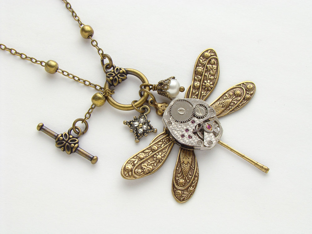 Steampunk Necklace silver watch movement gold brass dragonfly pearl Swarovski crystal