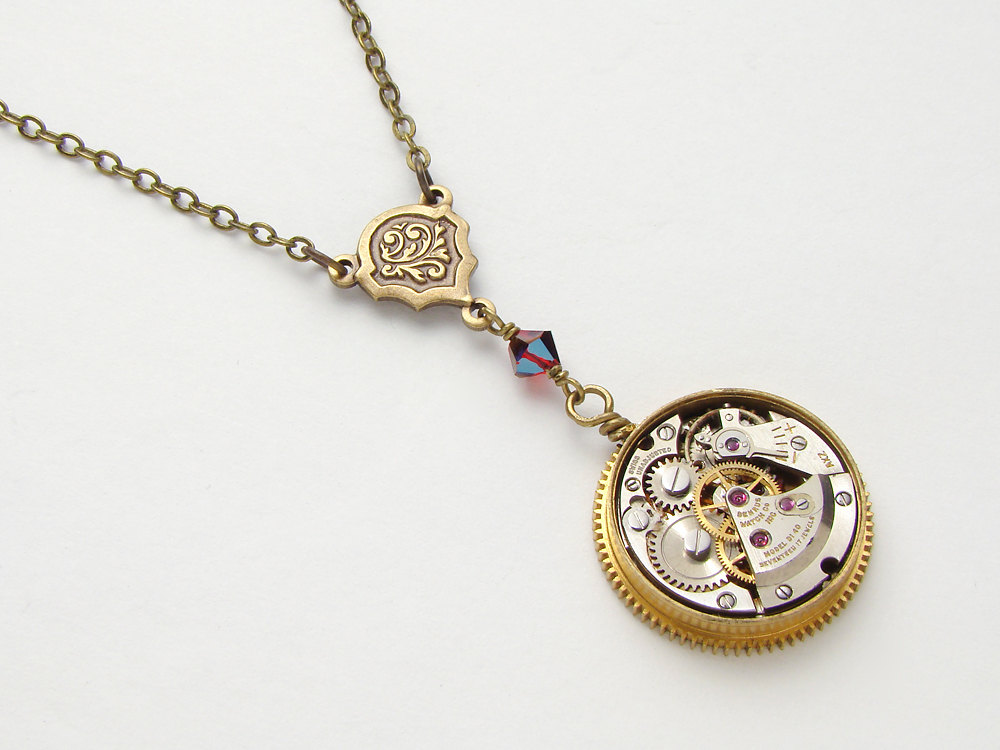 Steampunk Necklace silver watch movement gold brass gear bezel red Swarovski crystal