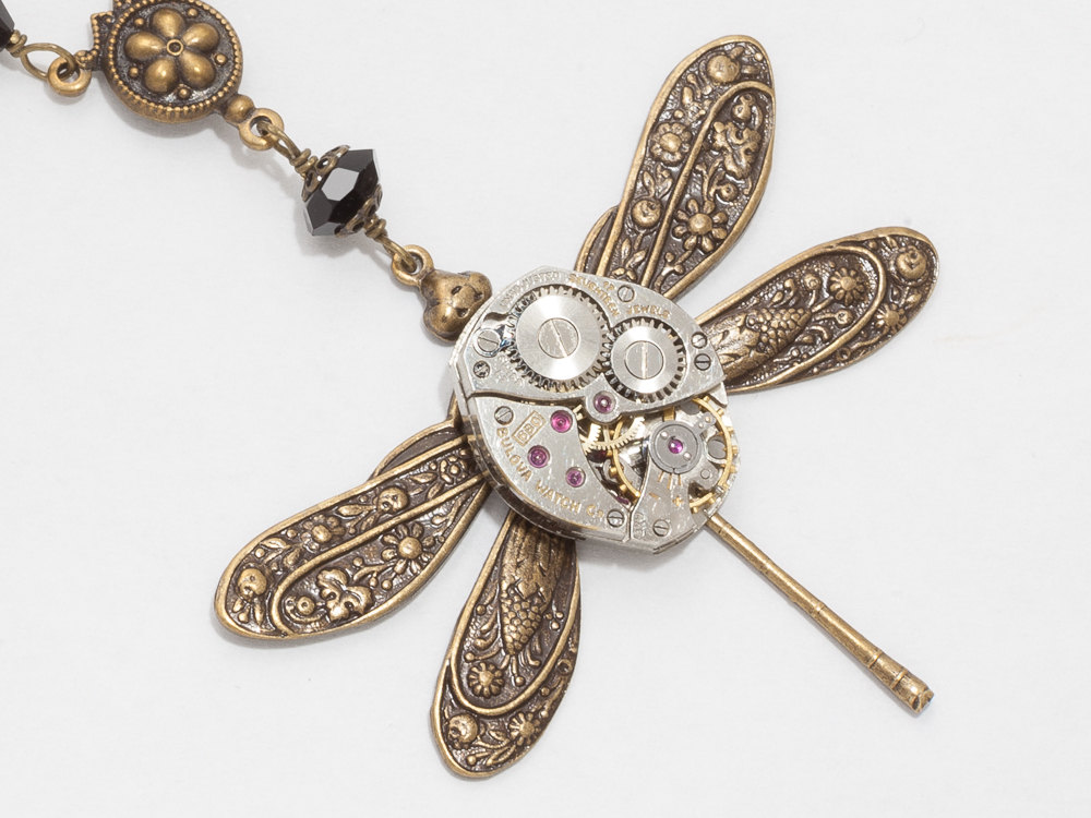 Steampunk Necklace silver watch movement gold dragonfly flower leaf filigree black crystal Victorian pendant Steampunk Jewelry