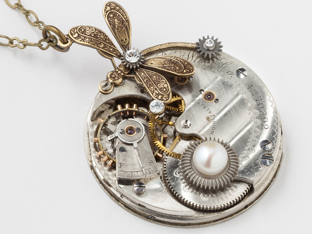 Steampunk Necklace silver watch movement gold dragonfly pearl crystal Victorian pendant Steampunk jewelry