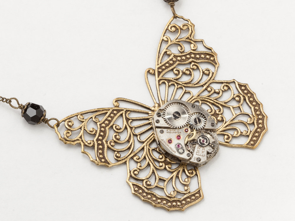 Steampunk Necklace silver watch movement gold filigree butterfly black crystal pendant Statement necklace Steampunk Jewelry