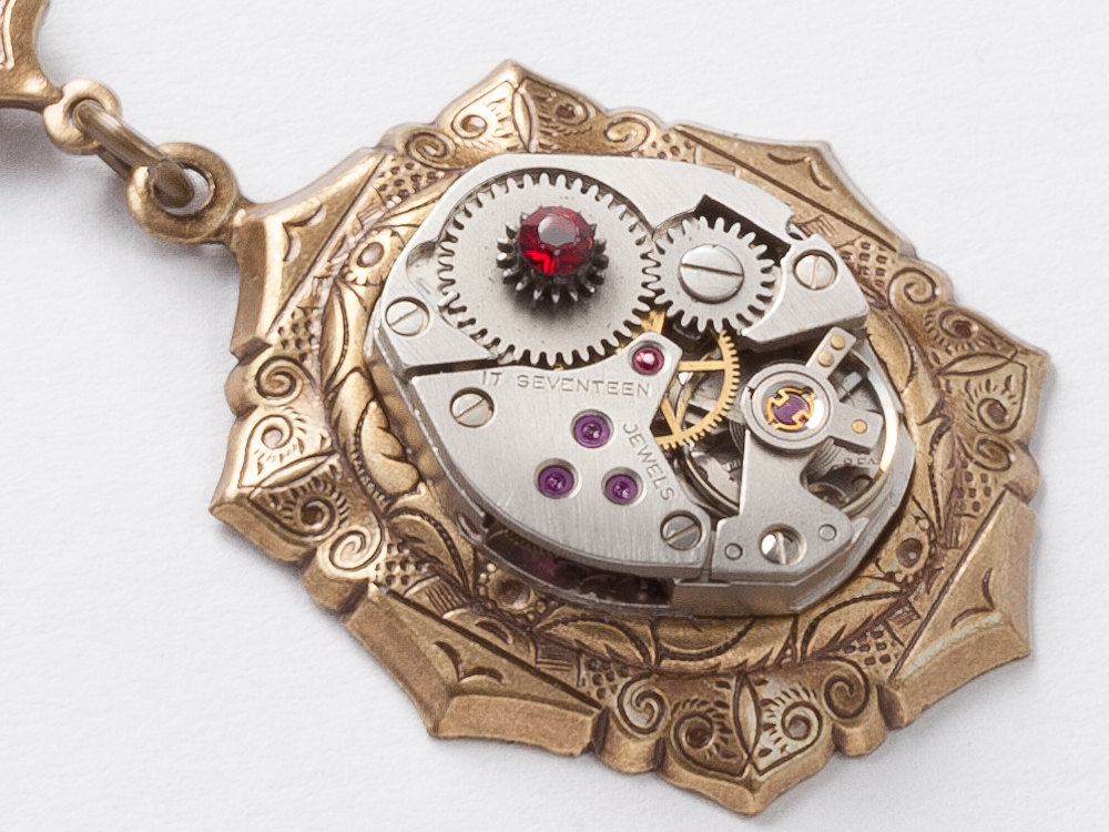 Steampunk necklace silver watch movement gold flower leaf bezel garnet red black crystal jewelry